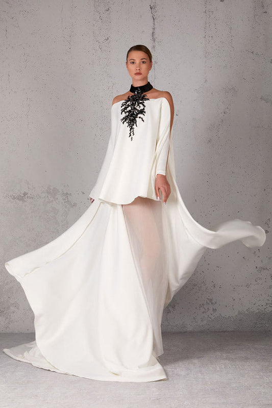Embroidered Cold Shoulder Gown