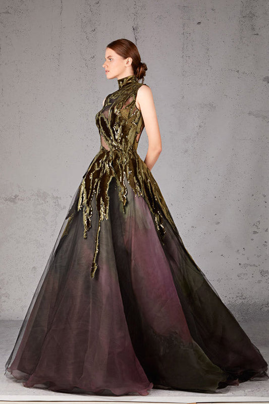 Embellished High Neck A-Line Gown