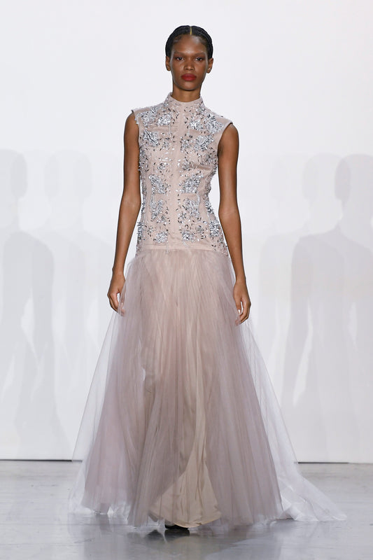 Callas Embroidered Pleated Tulle Gown