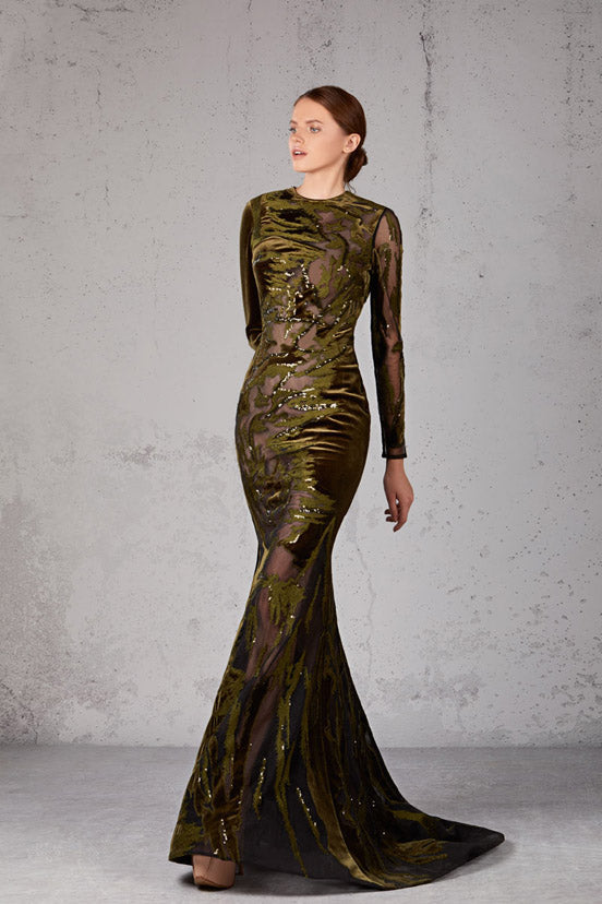 Long Sleeve Fit and Flare Gown