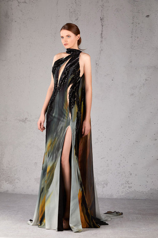 High Neck Embellished Slit Gown
