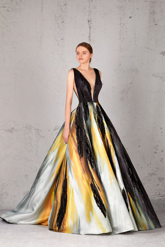 Plunging Neck Embellished Ball Gown