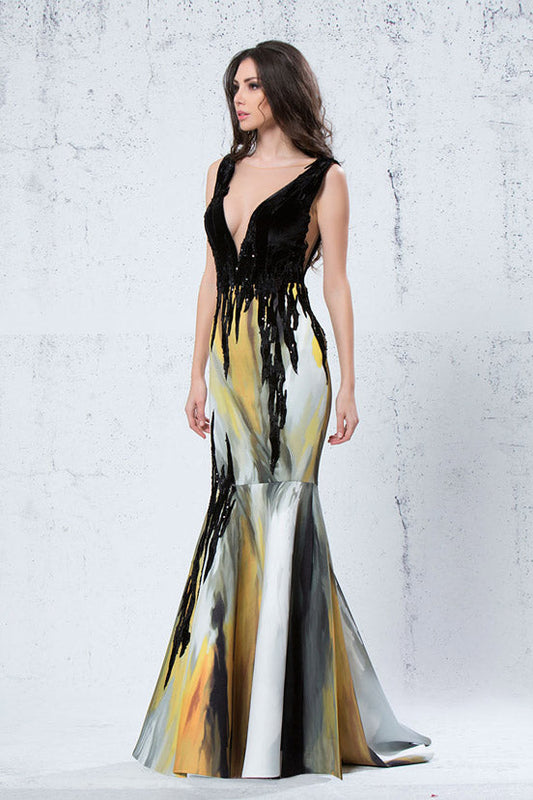 Plunging Neck Fit and Flare Gown