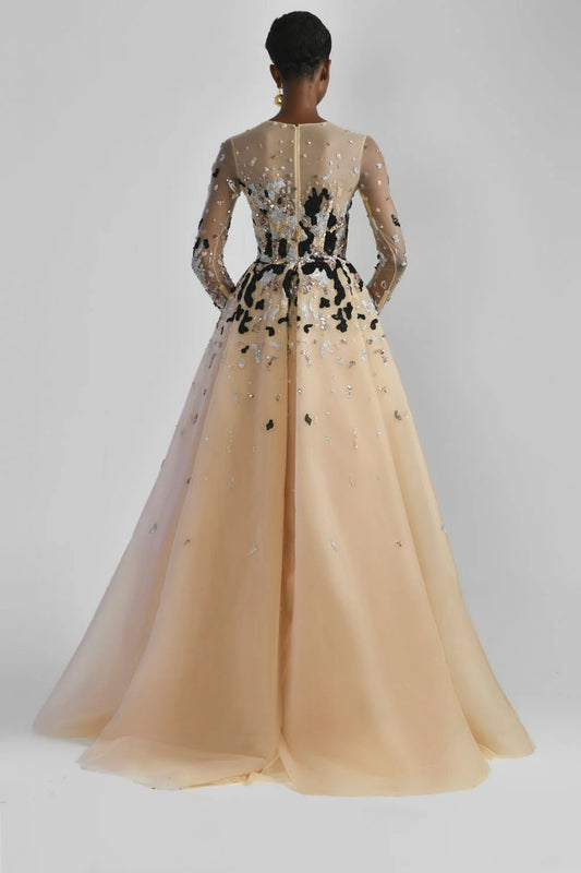 Tulle Beaded Gown with Overskirt