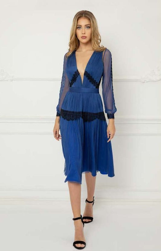 Sheer Long Sleeve Embroidered Tulle and Lace Dress