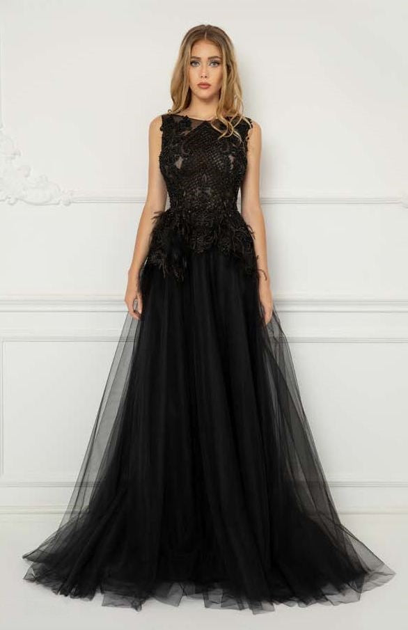 Embroidered Tulle Sleeveless Gown