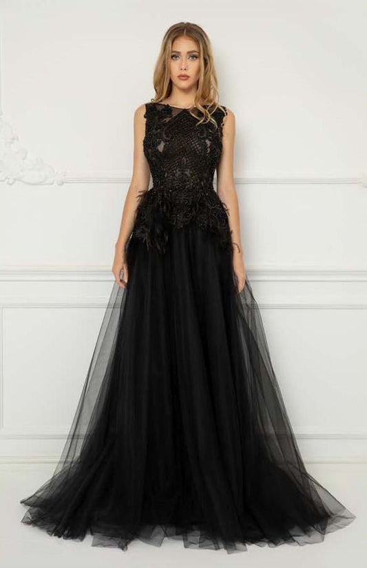 Embroidered Tulle Sleeveless Gown