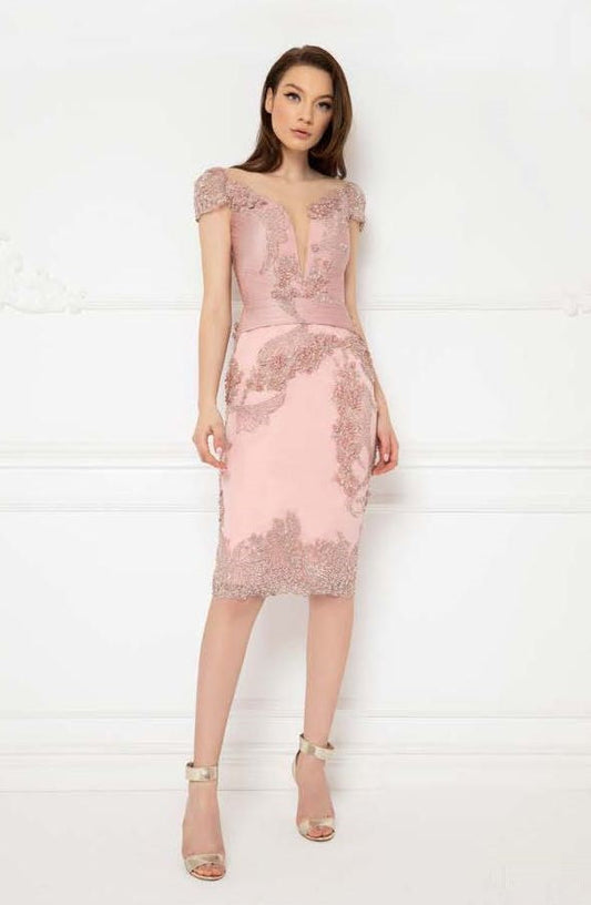 Embroidered Plunging Neck Cap Sleeve Dress