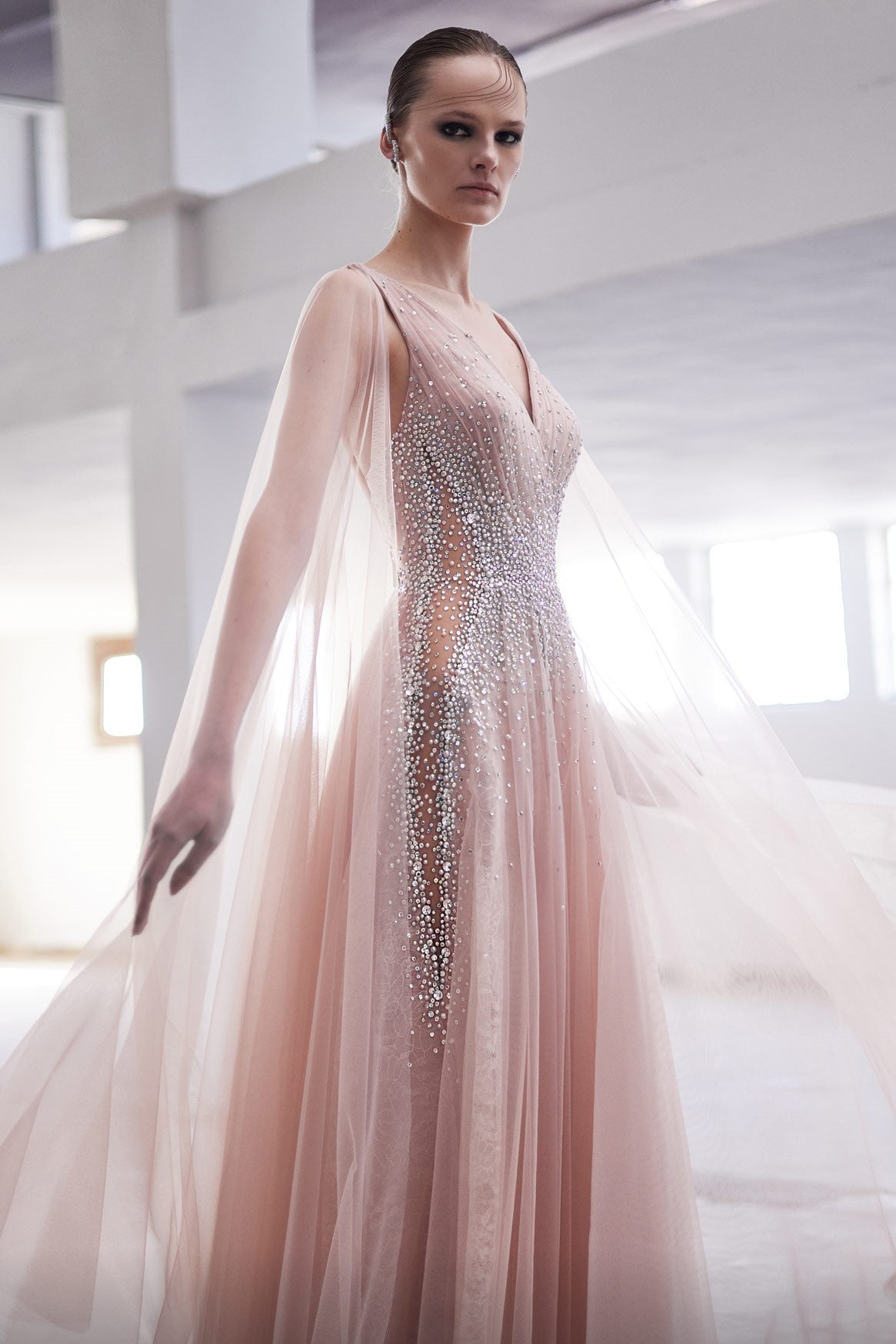 Cape Sleeve Pleated Gown