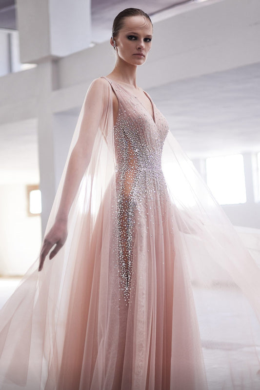 Cape Sleeve Pleated Gown