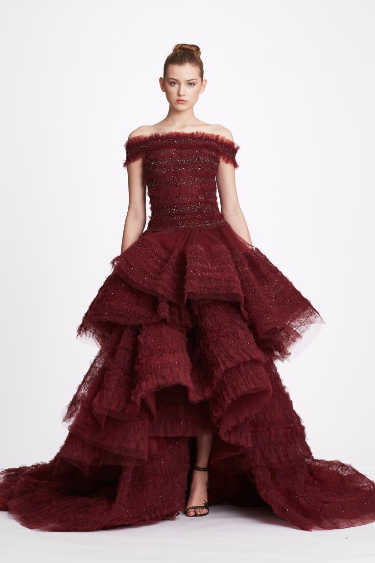 Off Shoulder Ruffled Tulle Tierred Gown