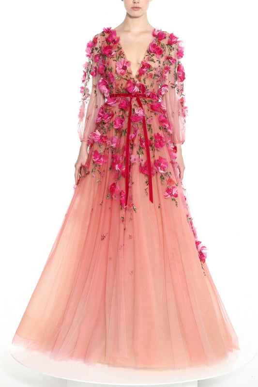 Embellished V-Neck Floral Gown