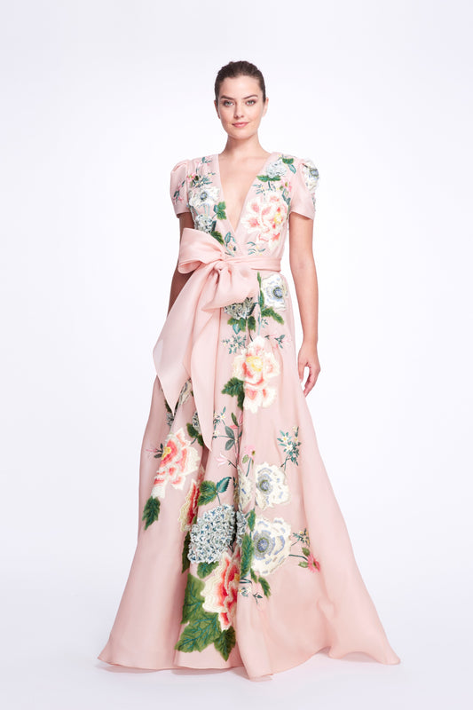 V-Neckline Silk Gazar A-line Gown