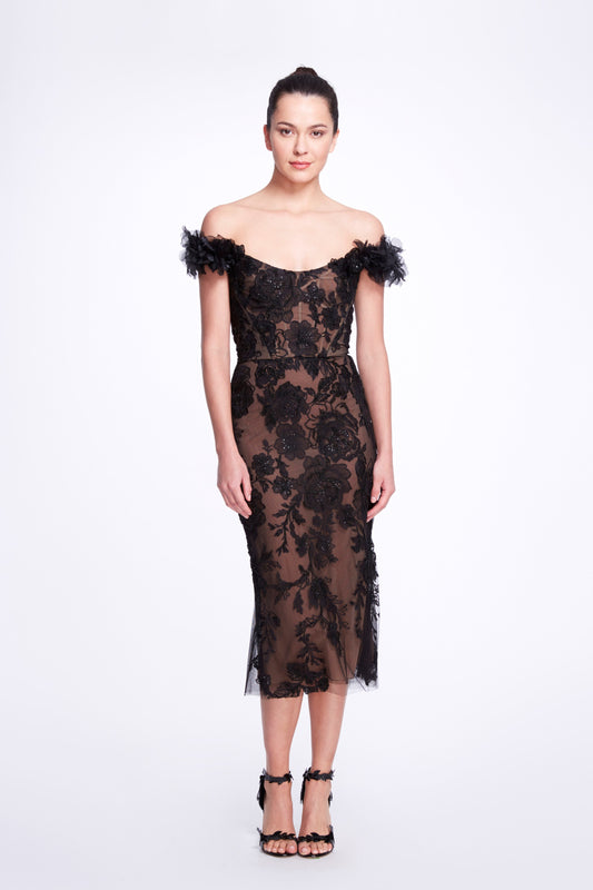 Off the Shoulder Embroidered Tulle Cocktail Dress