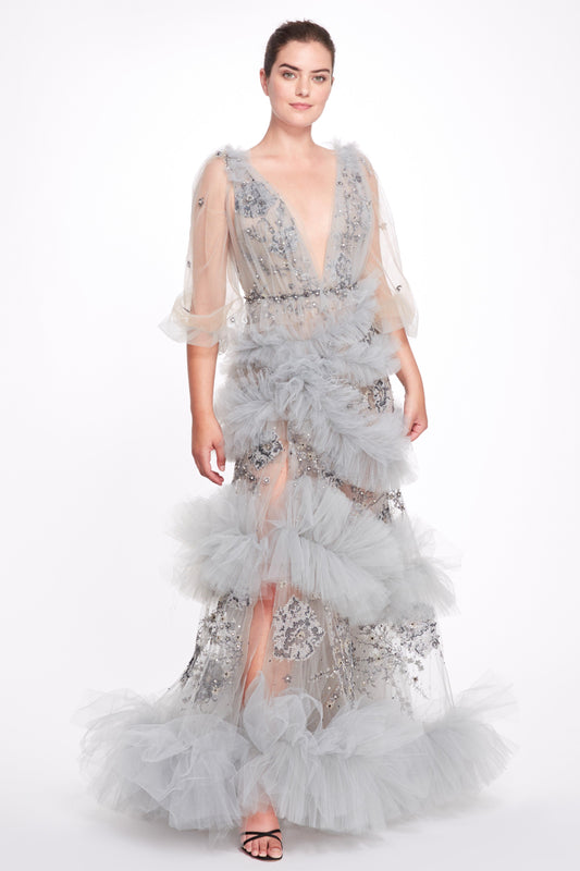 Deep V-Neckline Tulle Gown