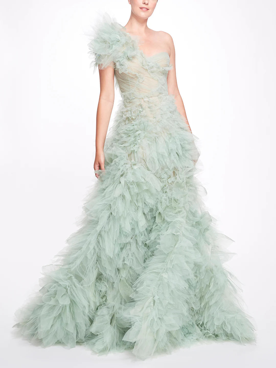 One Shoulder Shirred Tulle Gown