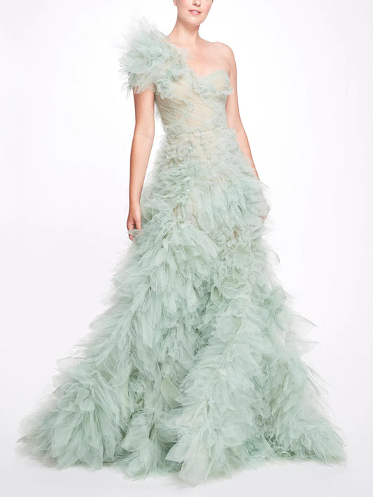 One Shoulder Shirred Tulle Gown