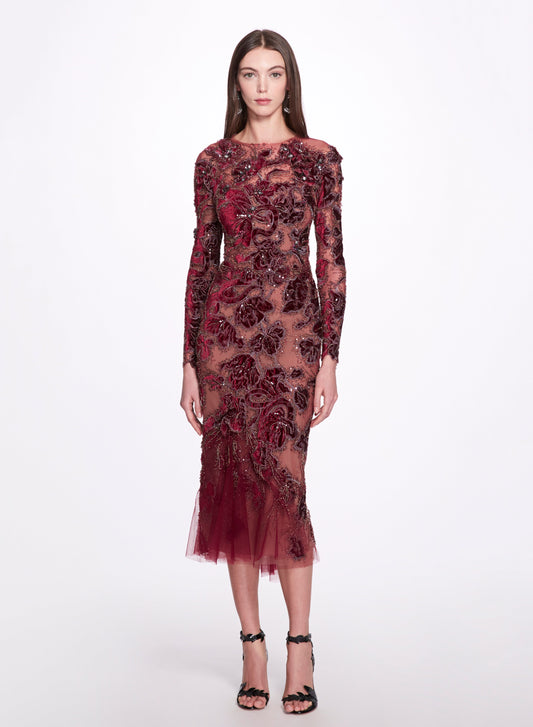 Embroidered Velvet Midi Dress