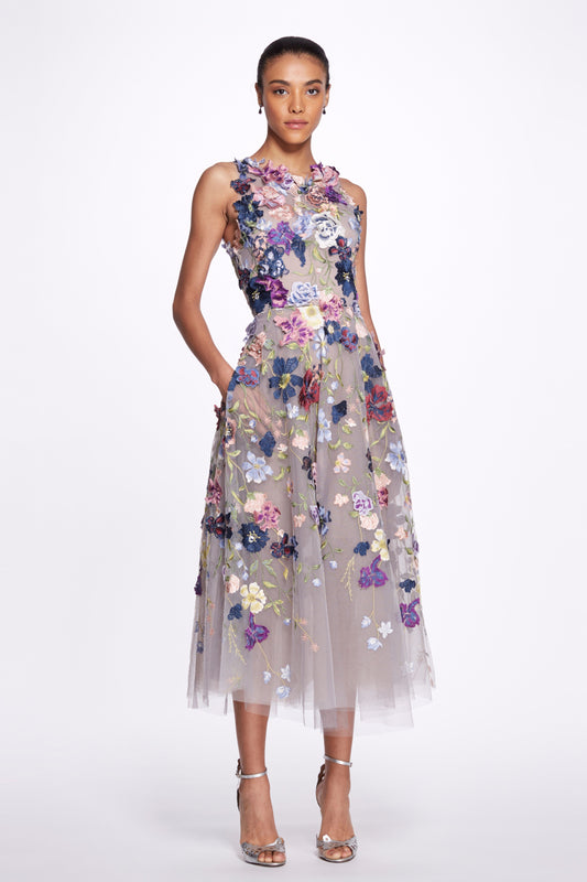 Floral Embroidered A-Line Midi Dress