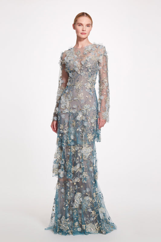 Long Sleeve 3-Tiered Column Gown