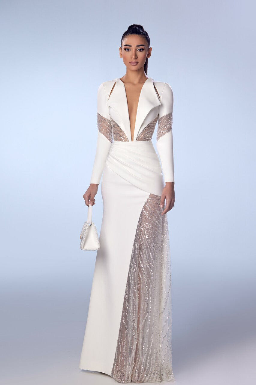 Crepe Marocain Gown with Beaded Tulle