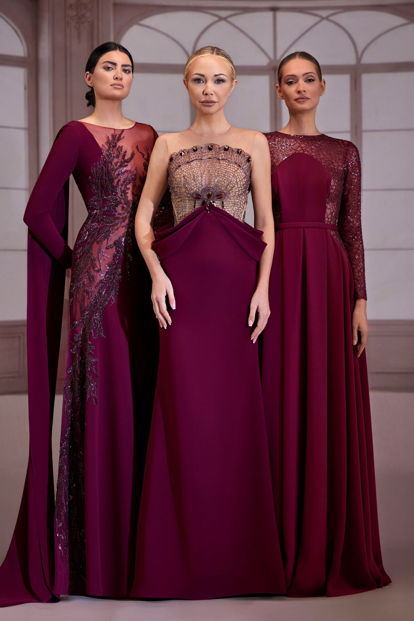Plum Diagonal Beaded Crepe Dress