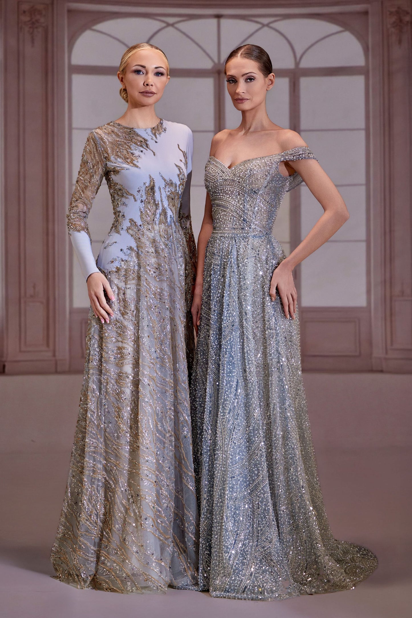 Silver Off-Shoulder Fully Beaded Dress