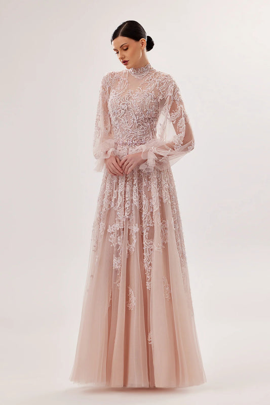 Tulle High-Neck Embroidered Gown