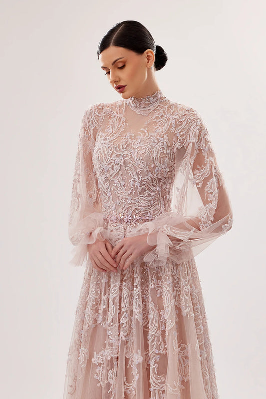 Tulle High-Neck Embroidered Gown