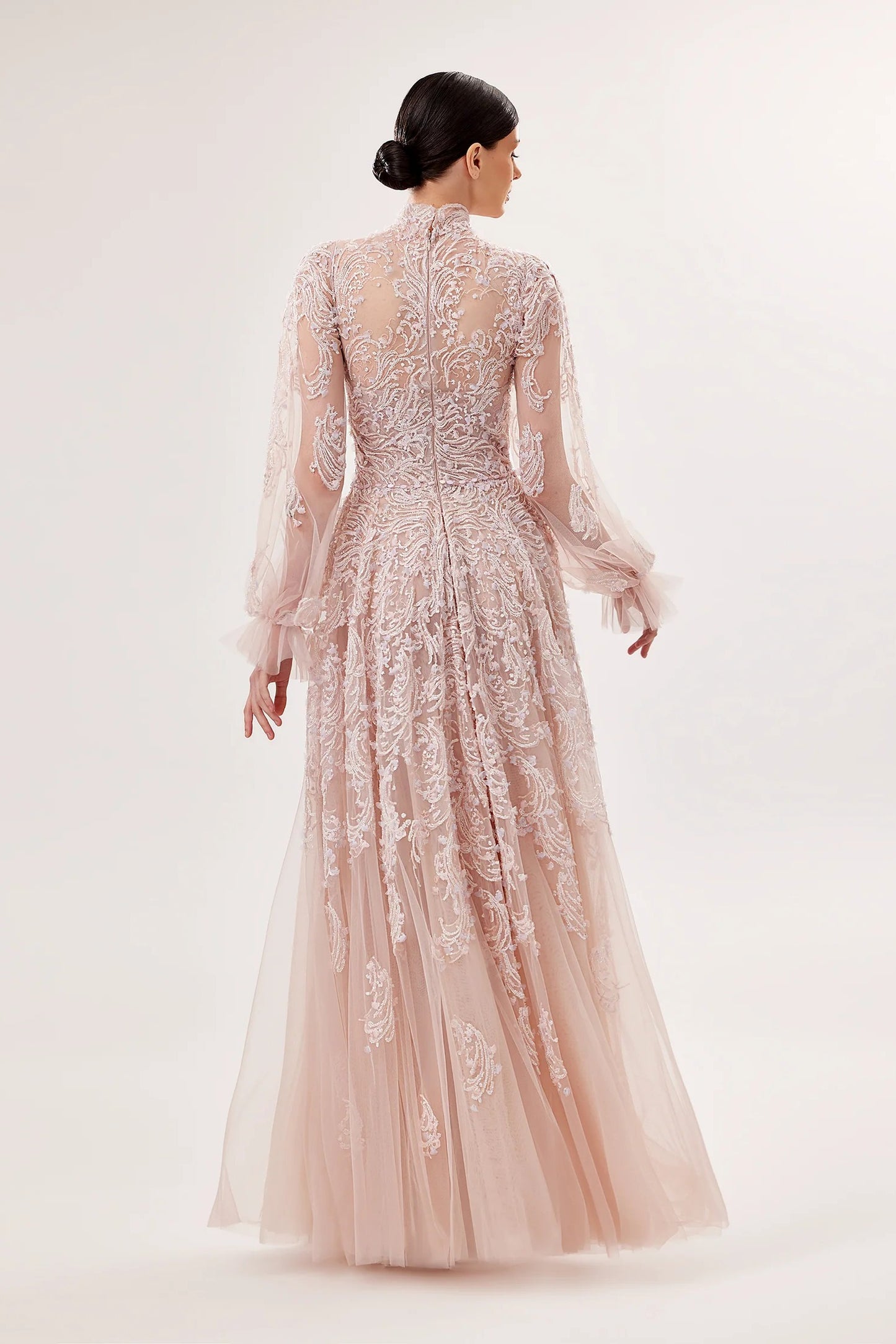 Tulle High-Neck Embroidered Gown