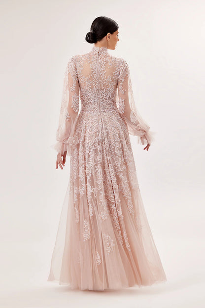 Tulle High-Neck Embroidered Gown