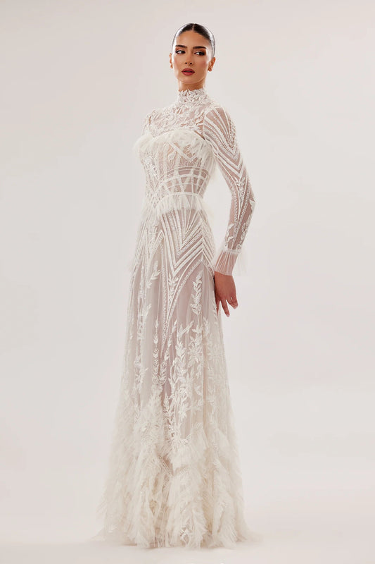 High-Neck Geometric Tulle A-Line Gown