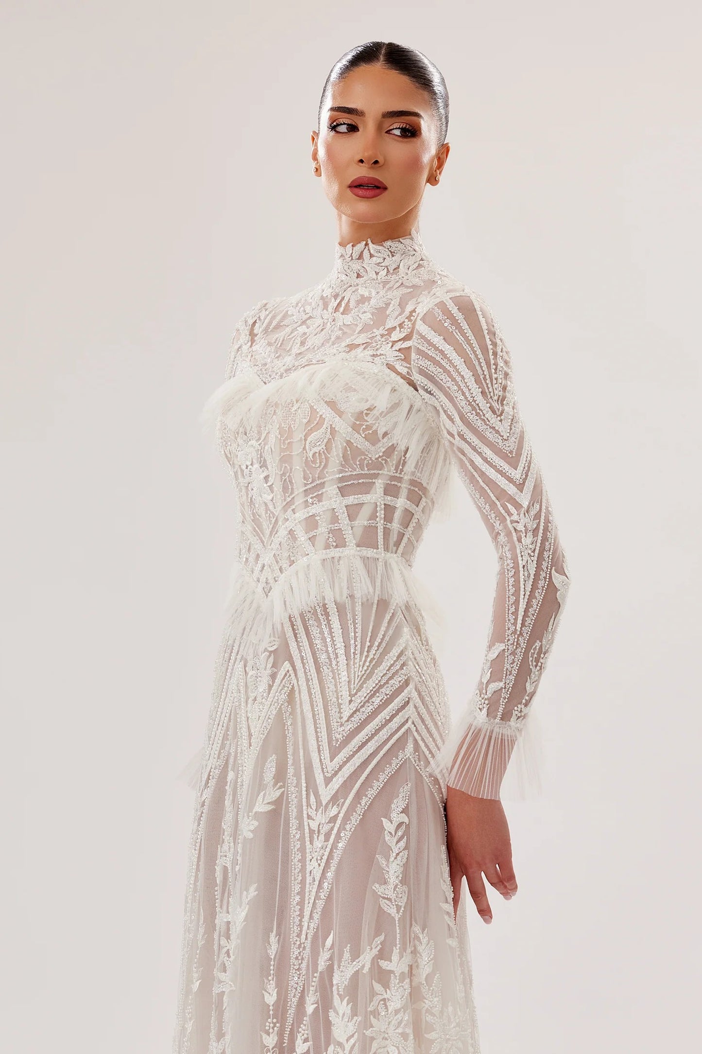 High-Neck Geometric Tulle A-Line Gown