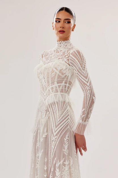 High-Neck Geometric Tulle A-Line Gown