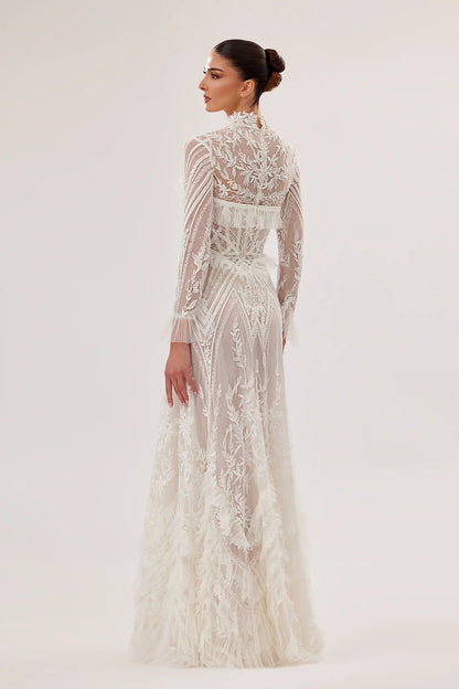 High-Neck Geometric Tulle A-Line Gown
