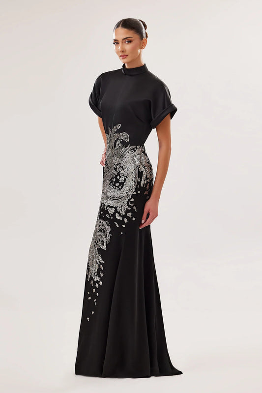 High-Neck Mermaid Gown with Sequin Embroidery
