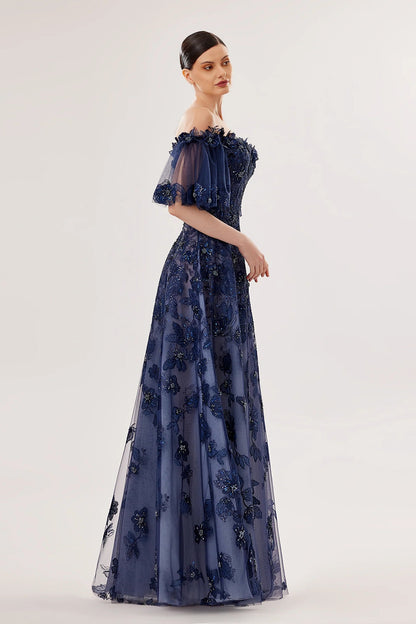 Off-Shoulder 3D Floral Tulle Gown