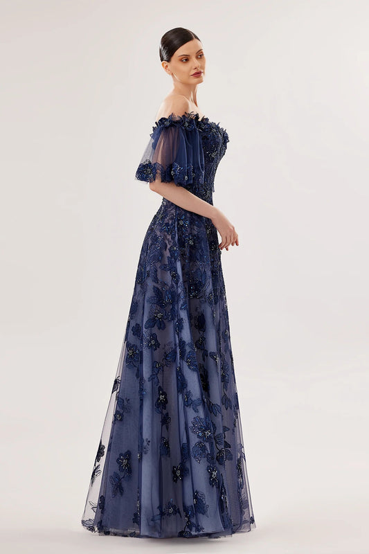 Off-Shoulder 3D Floral Tulle Gown