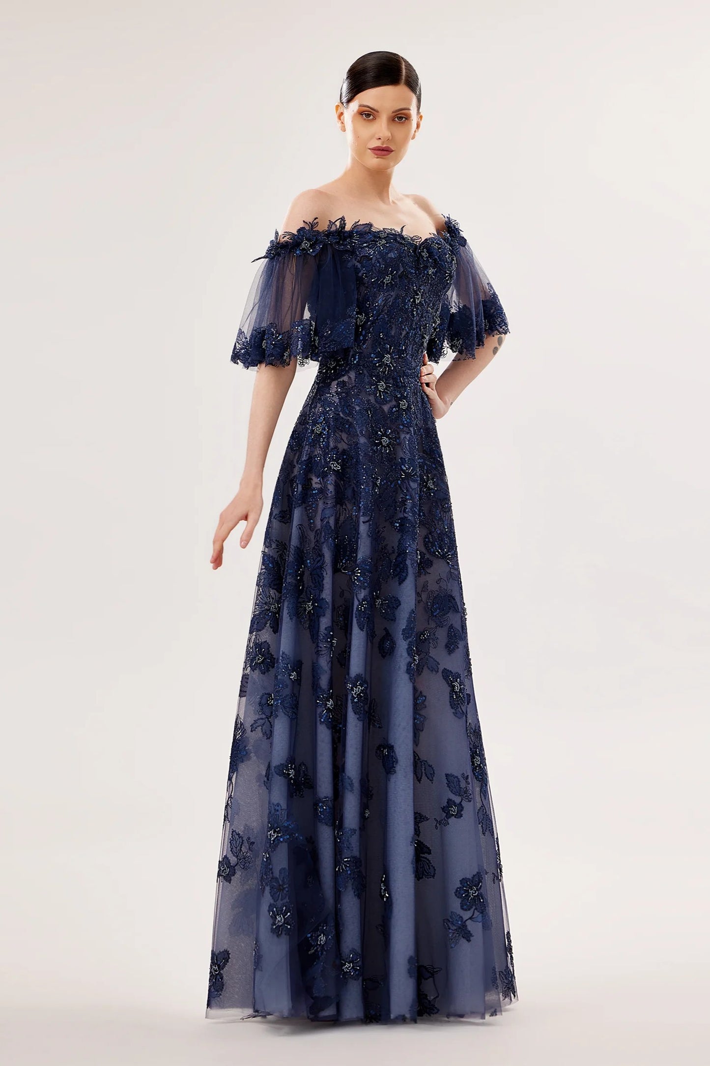 Off-Shoulder 3D Floral Tulle Gown