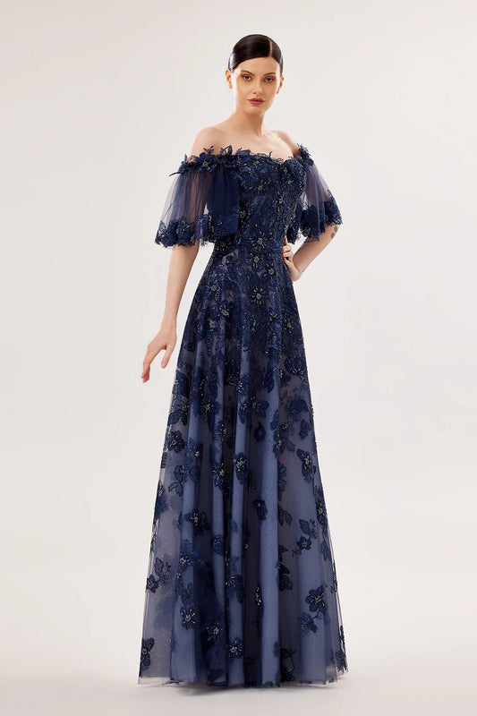 Off-Shoulder 3D Floral Tulle Gown
