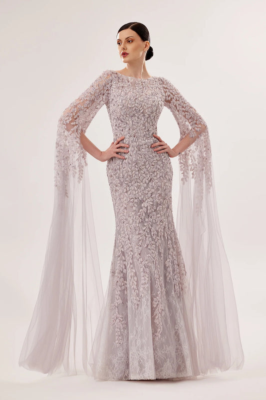 Embroidered Mermaid Gown with Cascading Sleeves