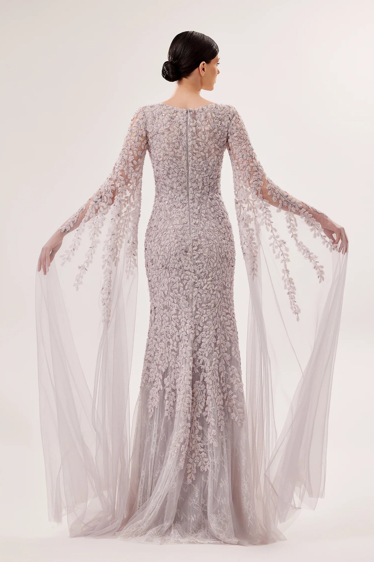 Embroidered Mermaid Gown with Cascading Sleeves