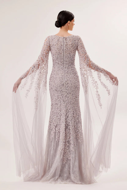Embroidered Mermaid Gown with Cascading Sleeves