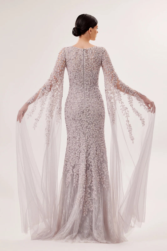 Embroidered Mermaid Gown with Cascading Sleeves