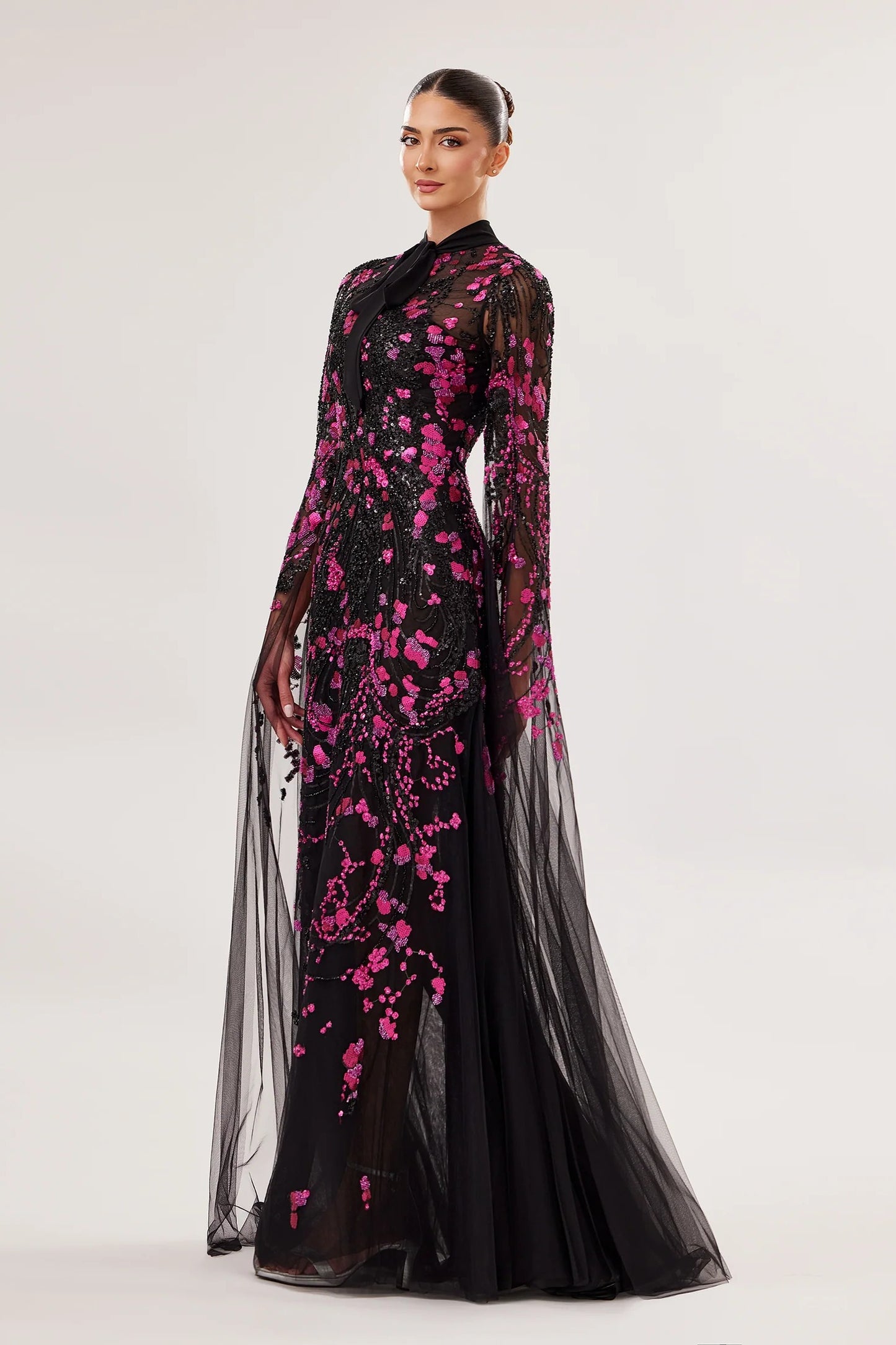 High-Neck Tulle A-Line Gown with Mousseline Detail