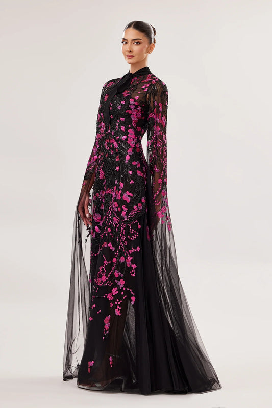 High-Neck Tulle A-Line Gown with Mousseline Detail