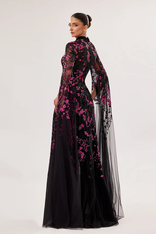 High-Neck Tulle A-Line Gown with Mousseline Detail