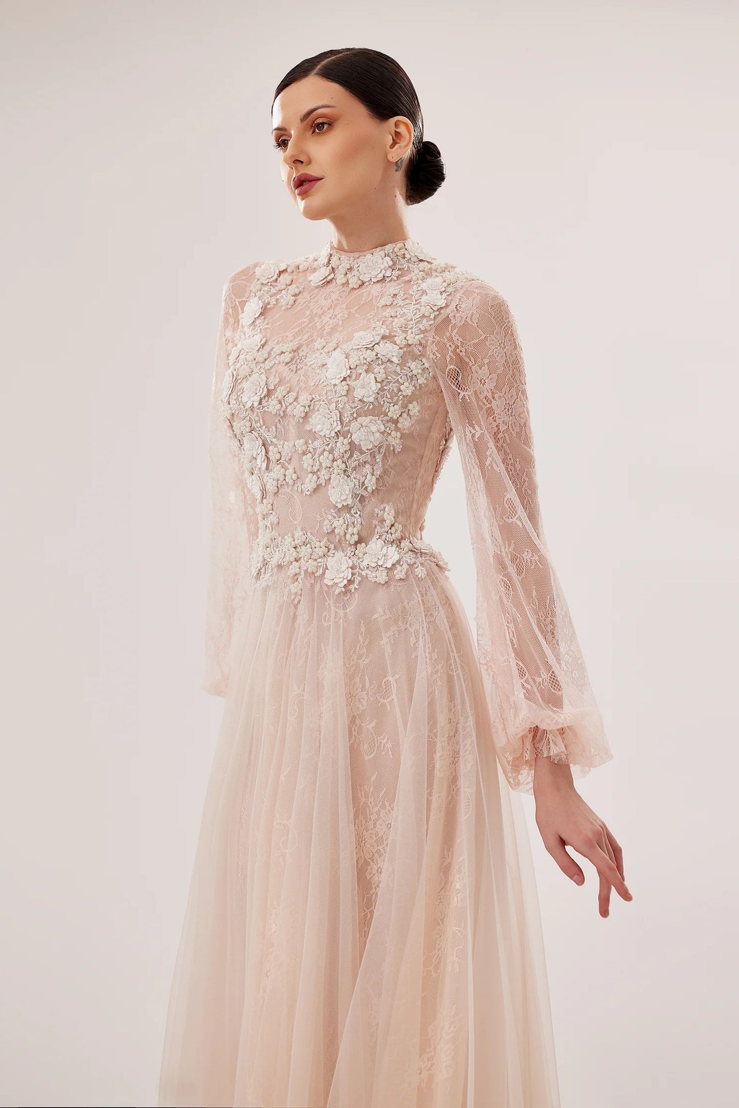High-Neck Hand-Embroidered Lace-Under-Tulle Gown