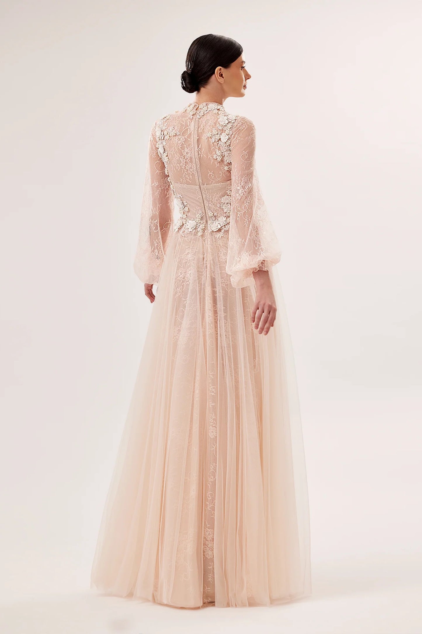 High-Neck Hand-Embroidered Lace-Under-Tulle Gown