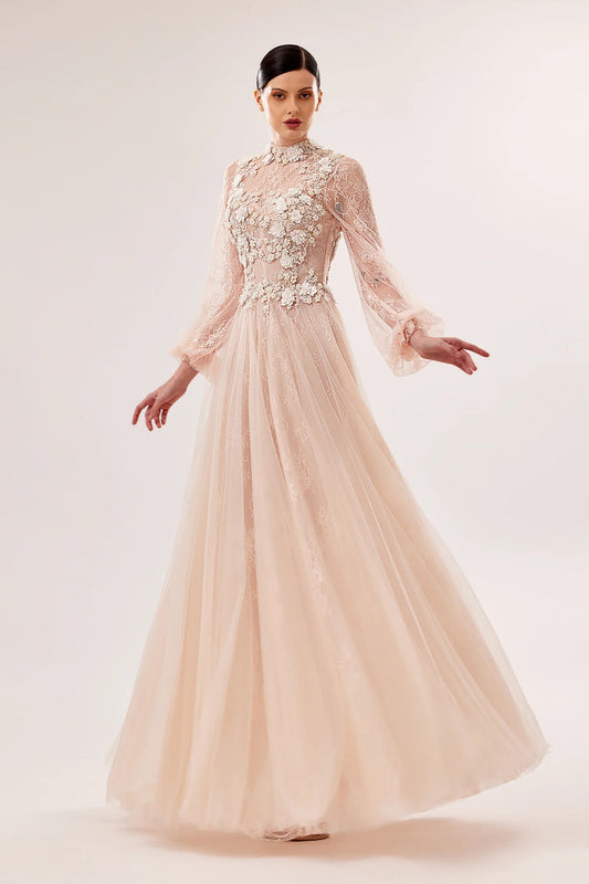 High-Neck Hand-Embroidered Lace-Under-Tulle Gown